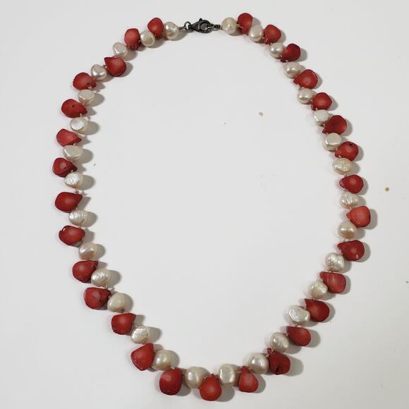 Freshwater Pearl & Teardrop Shaped Red Coral Bead Sterling Silver Necklace 20" - Picture 2 of 9